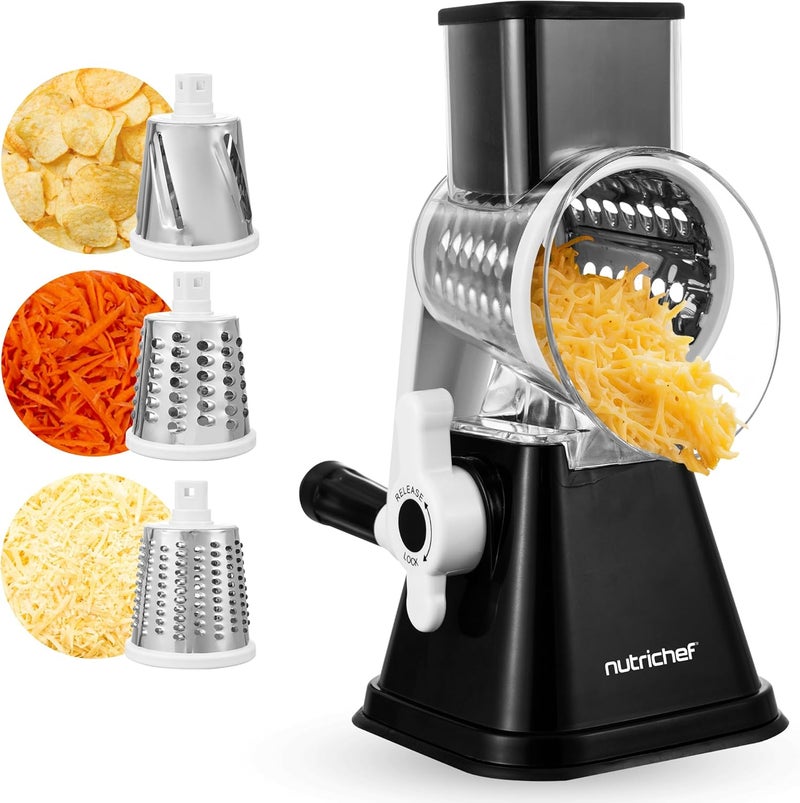 NutriChef 3 in 1 Cheese Grater & Shredder | Strong Suction Base, Rotary Handle with Safety Lock | Includes Hand Crank & 3 Drum Blades for 3 Textures, Fine, Medium & Strips | Black - Image 1